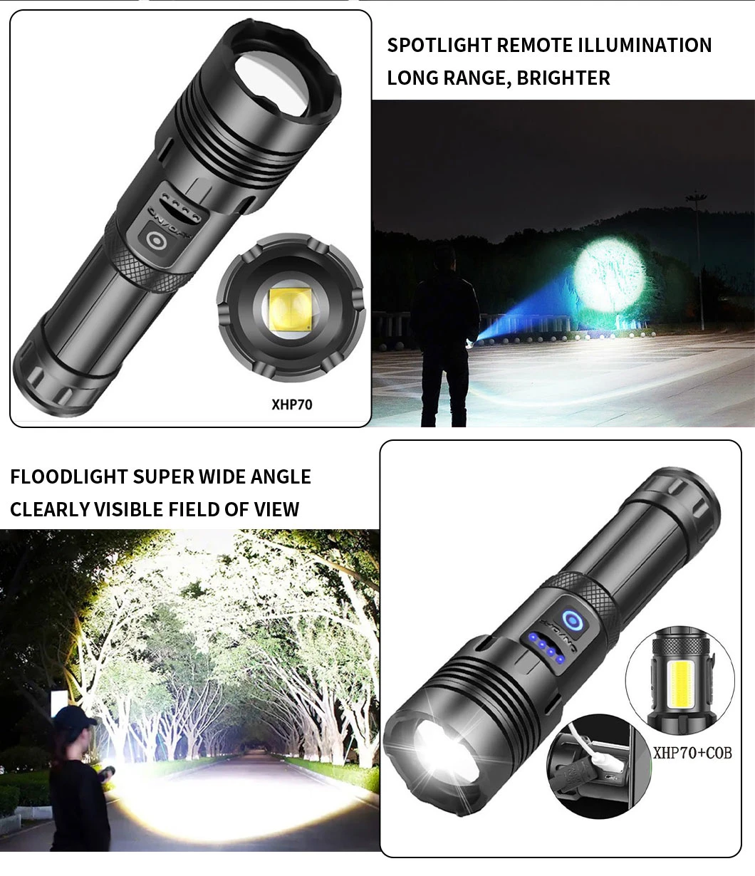 Powerful Tactical Focus LED Flashlights USB Rechargeable Xhp70 Zoom Batter Torch Light