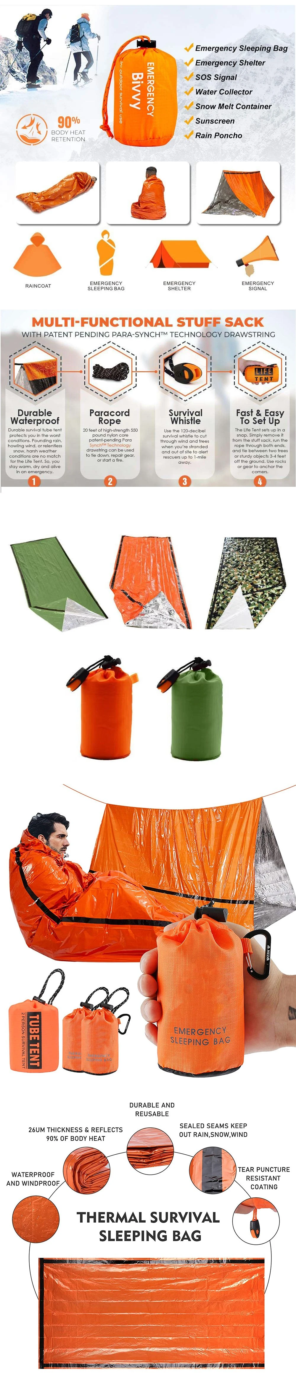 Custom Logo Printing Ultralight Extra Large Tactical Gear Multi-Purpose Waterproof Aluminum Foil Sleeping Bag Outdoor Camping