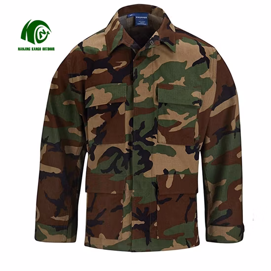 Estilo de policía militar Hombres Combate Táctico 65% Poliéster y 35% Algodón Camuflaje Woodland Bdu Uniforme de estilo militar